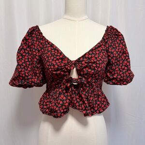 Band of the Free Strawberry Print Bow Crop Top Puff Sleeve Coquette Size L